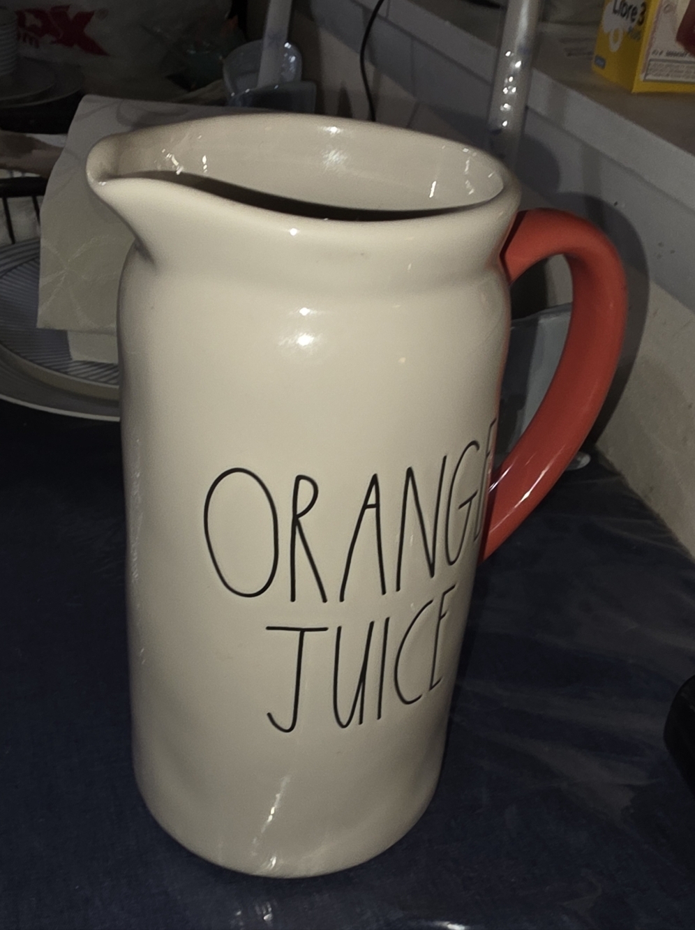 Rae Dunn Cream Ceramic Pitcher with Orange Handle - "ORANGE JUICE"